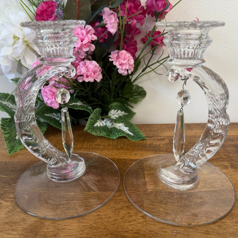 Cambridge‎ Chantilly Martha Crystal Candle Holders Pair Art Deco Etched Prisms